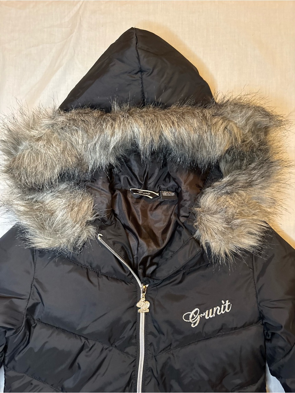 G-Unit Women’s Black Puffer Vintage Coat with Faux Fur Hood